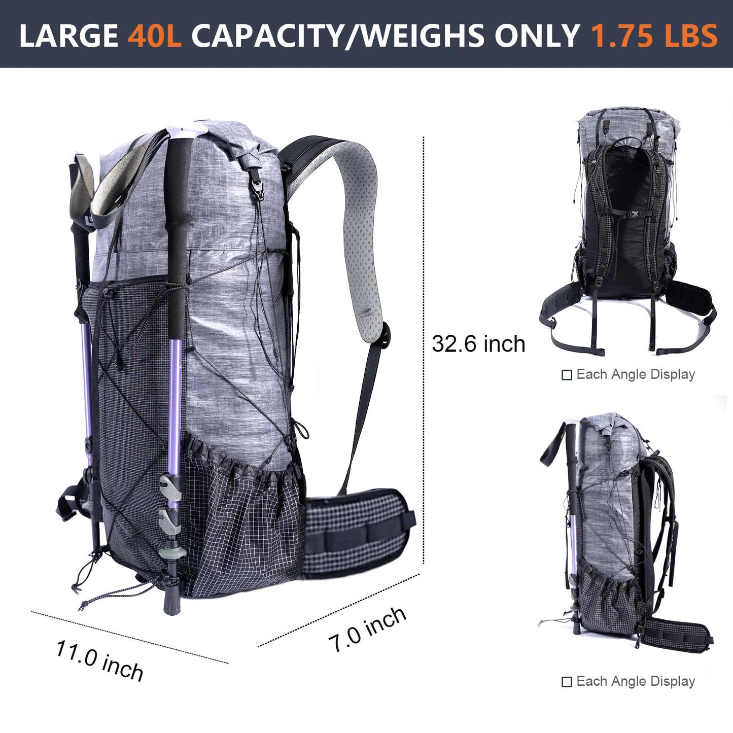 Ultralight Dyneema Backpack - Cuben Fiber Bag, Backpacking bag, DrawString Cord, Light Weight for Camping,Hiking,Travelling