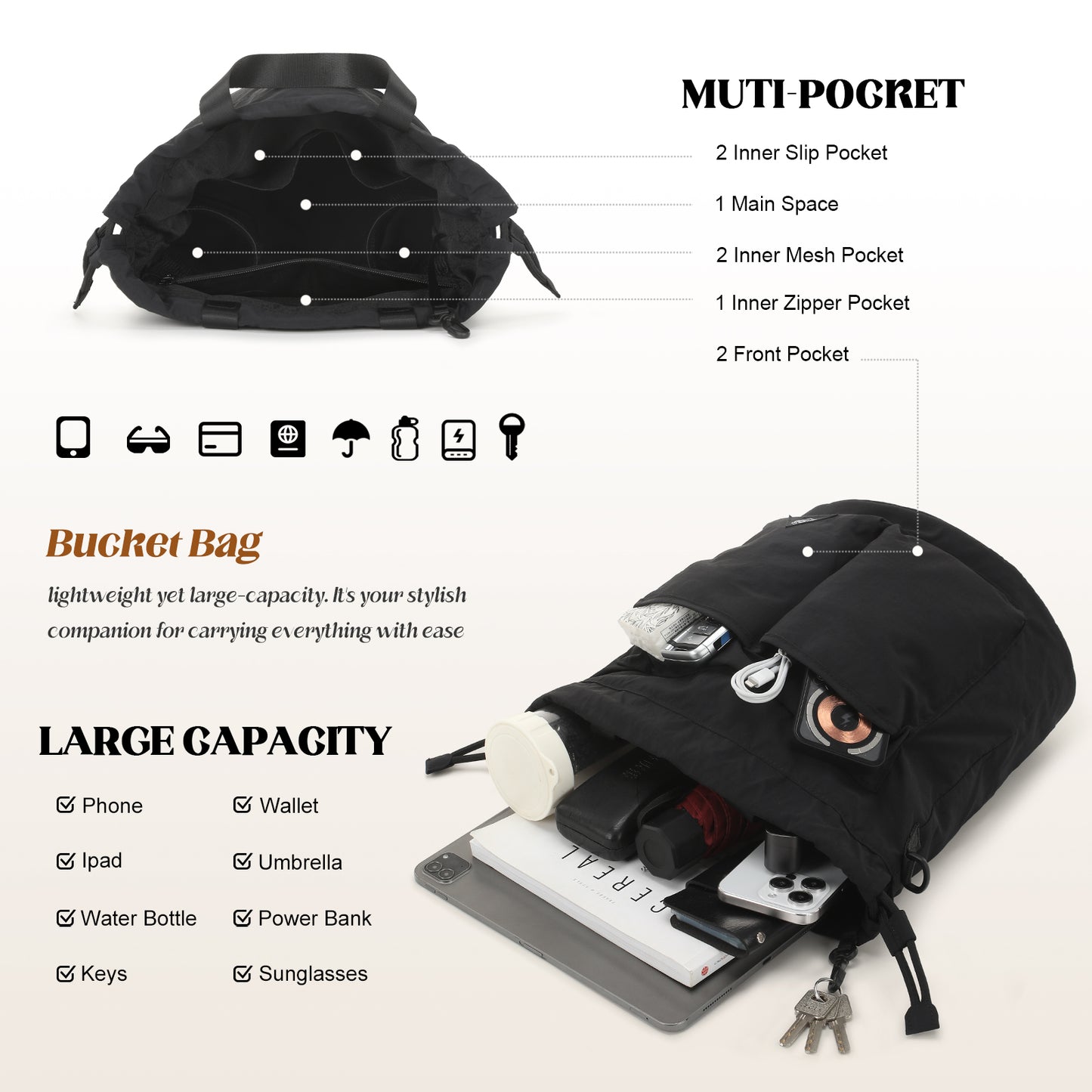Bucket Bag for Women Super Lightweight Tote Handbag Nylon Crossbody Bag Drawstring Hobo for Travel Hiking Music Festival