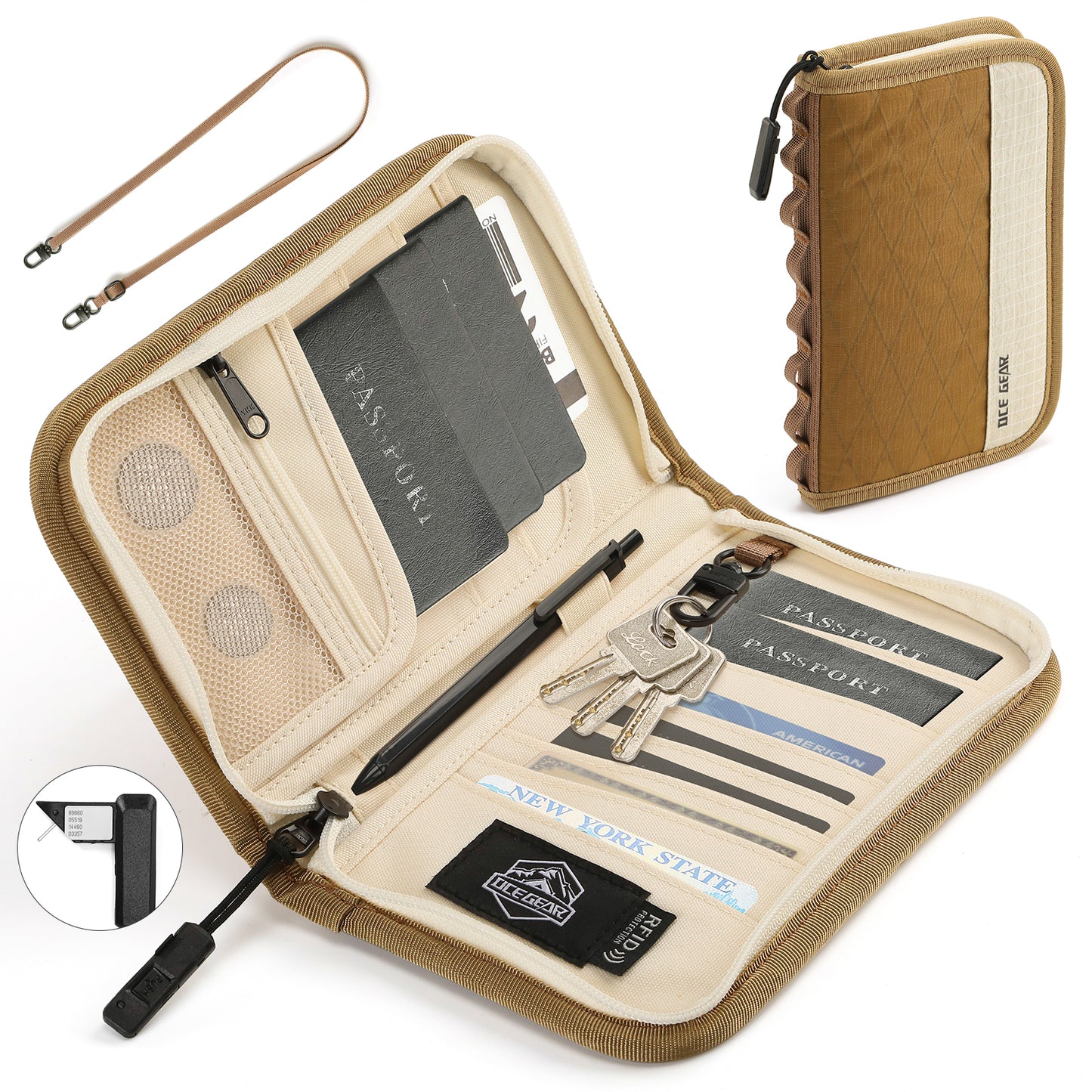 Travel Wallet Passport Holder with Airtag Slot Crossbody Document Organizer with Wrist Strap Lightweight Passport Pouch Portable Card Case with SIM Card Holders and Eject Pin for Women & Men