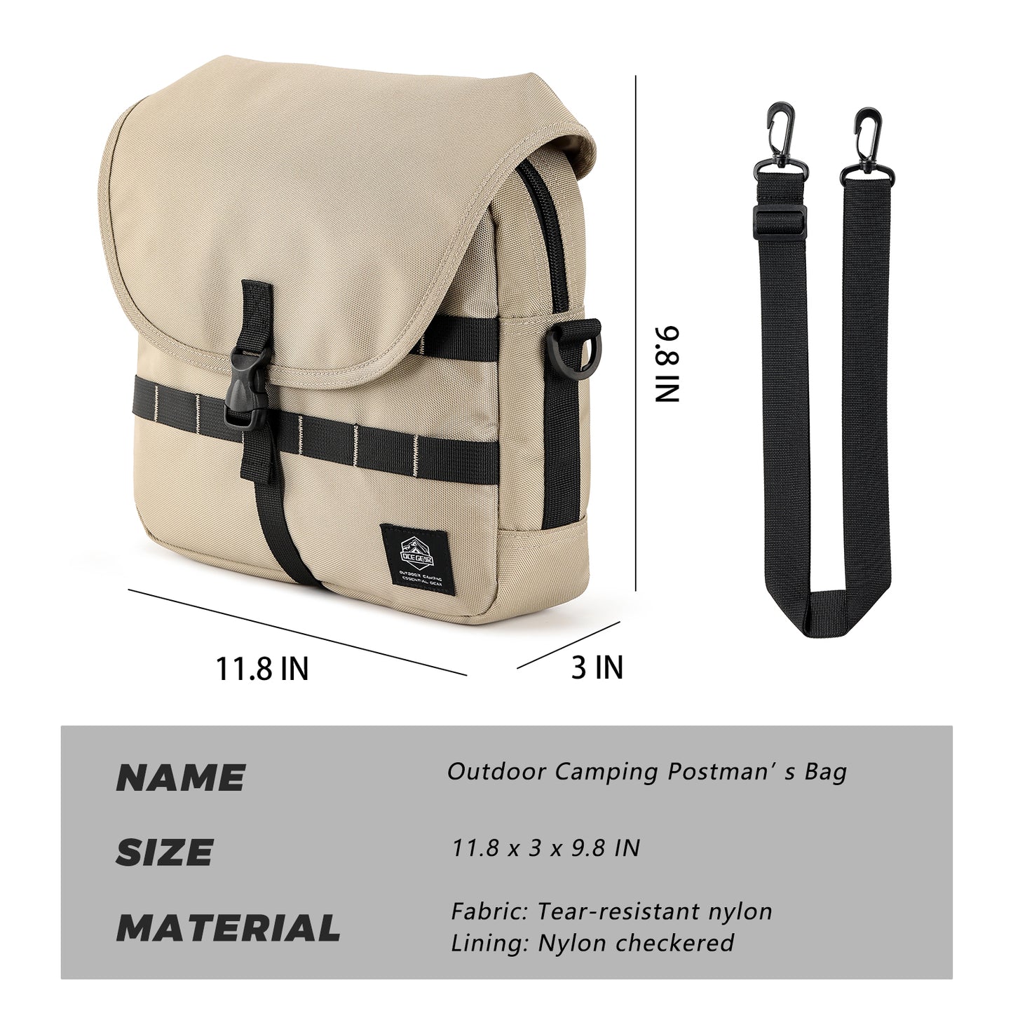 Messenger Bag with 14 Tactical Rings Adjustable Straps & Dual-Zipper Access Camping Crossbody Bag Ideal for Camping, Hiking, and Outdoor Adventures