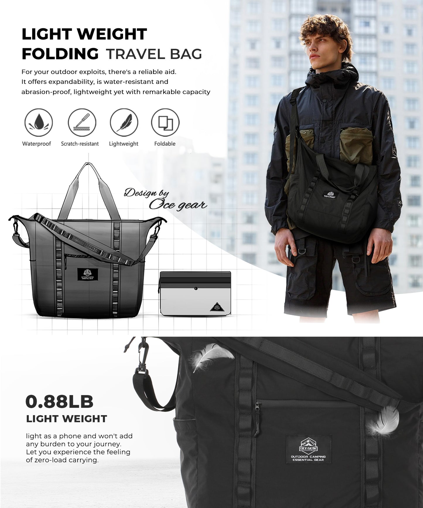 Lightweight Travel Bag for Men&Women Waterproof Overnight Bag With Removable Strap,Luggage Bag with Trolley Sleeve
