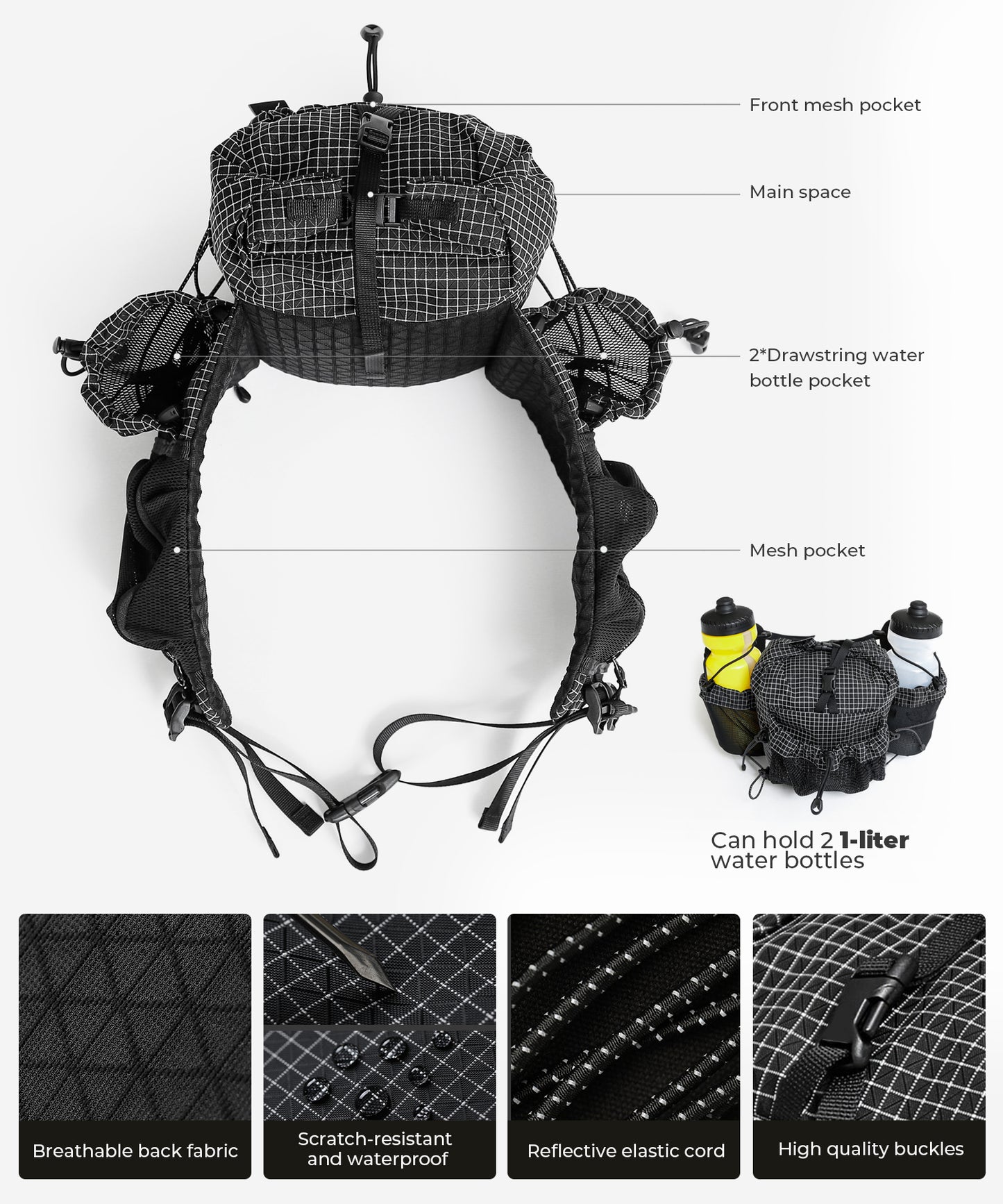 Fanny Pack Waist Bag for Men Women Hiking Daypacks with 2 Water Bottle Holder Trekking Waist Pack Waterproof for Outdoor Travel Cycling Climbing Walking (Bottle Not Included)