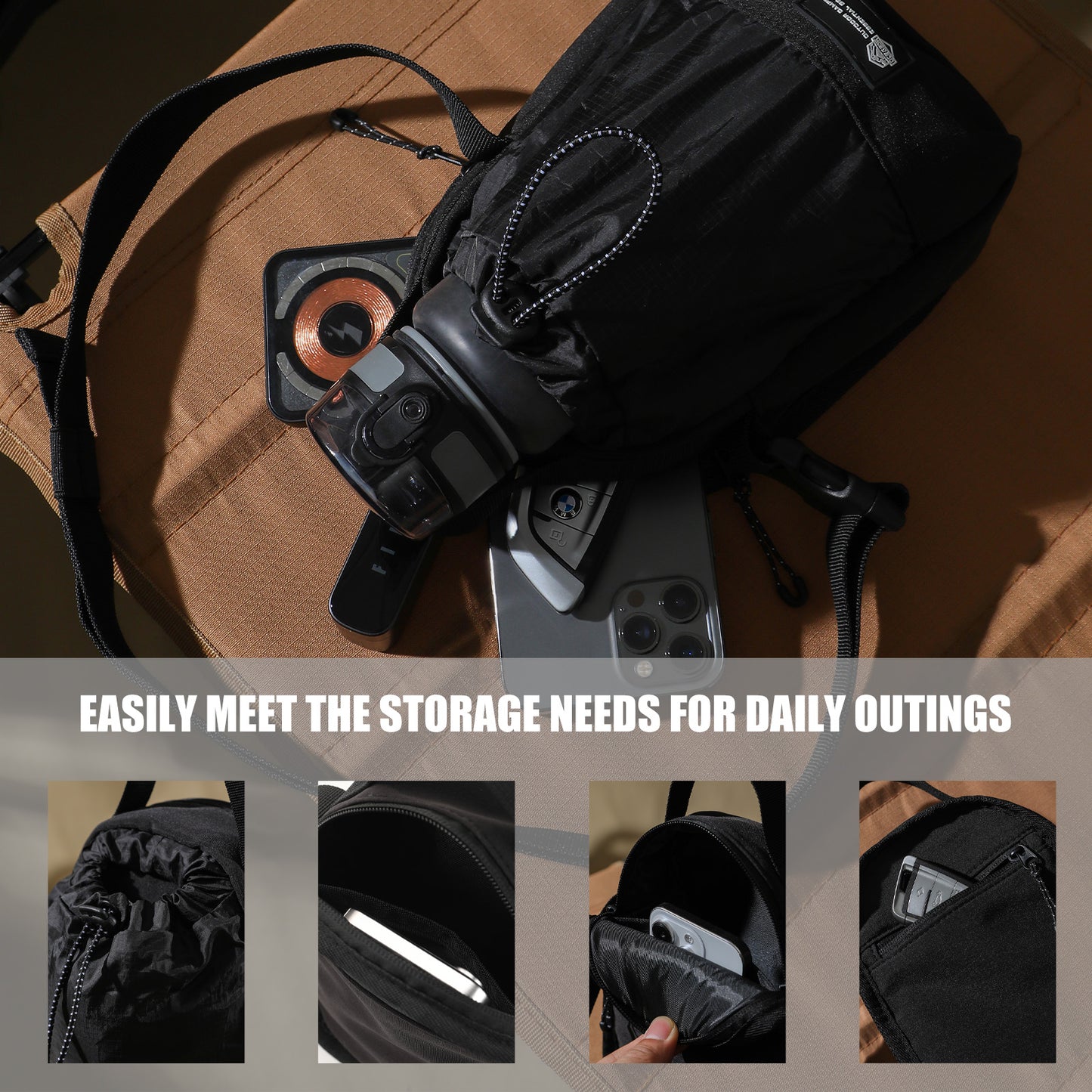 Water Bottle Bag with Strap, Hydration Crossbody Bag Waist Bag with Cell Phone Pocket, Pocket Water Bottle Carrier Bag, Suitable for Hiking,Travel (Bottle Not Included)