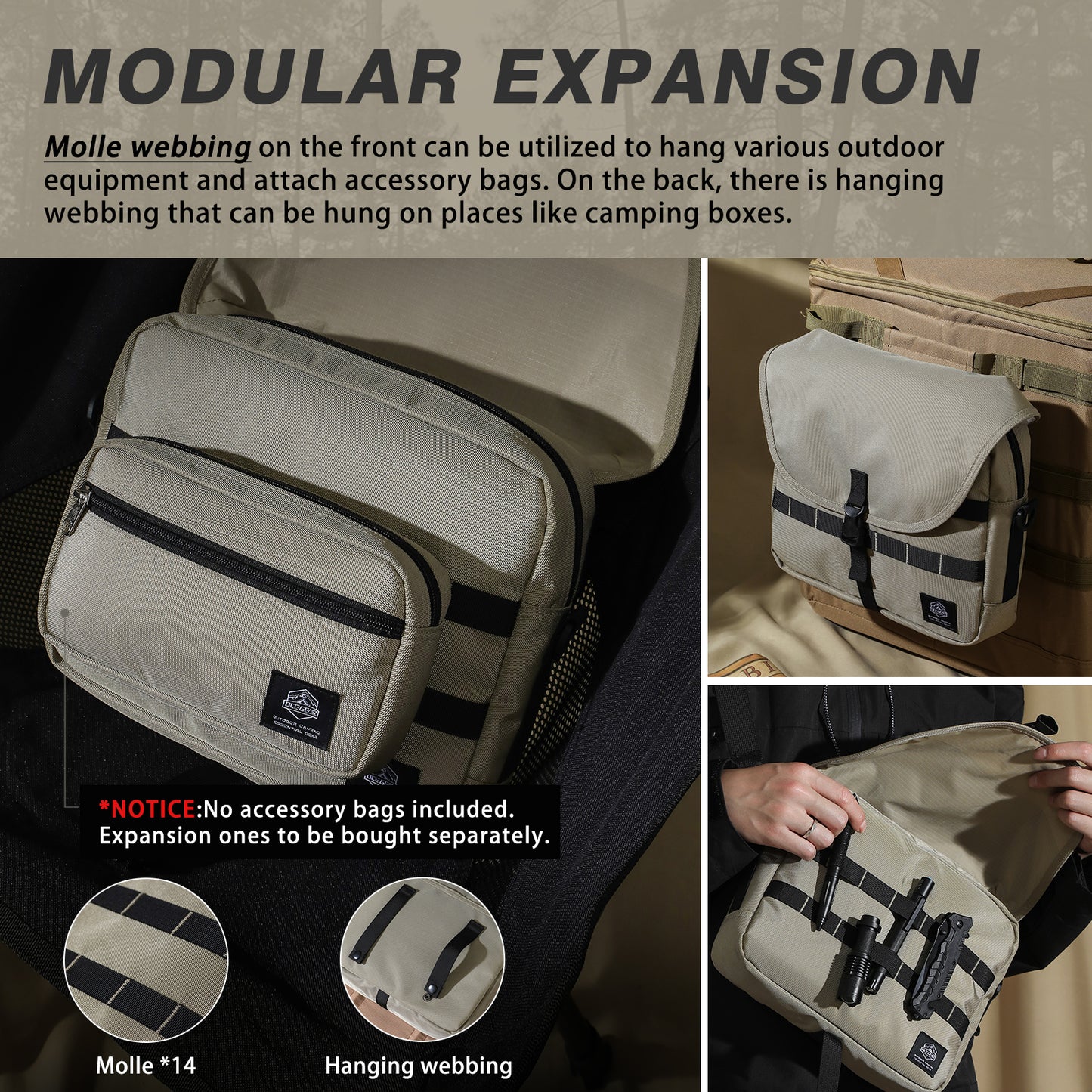 Messenger Bag with 14 Tactical Rings Adjustable Straps & Dual-Zipper Access Camping Crossbody Bag Ideal for Camping, Hiking, and Outdoor Adventures
