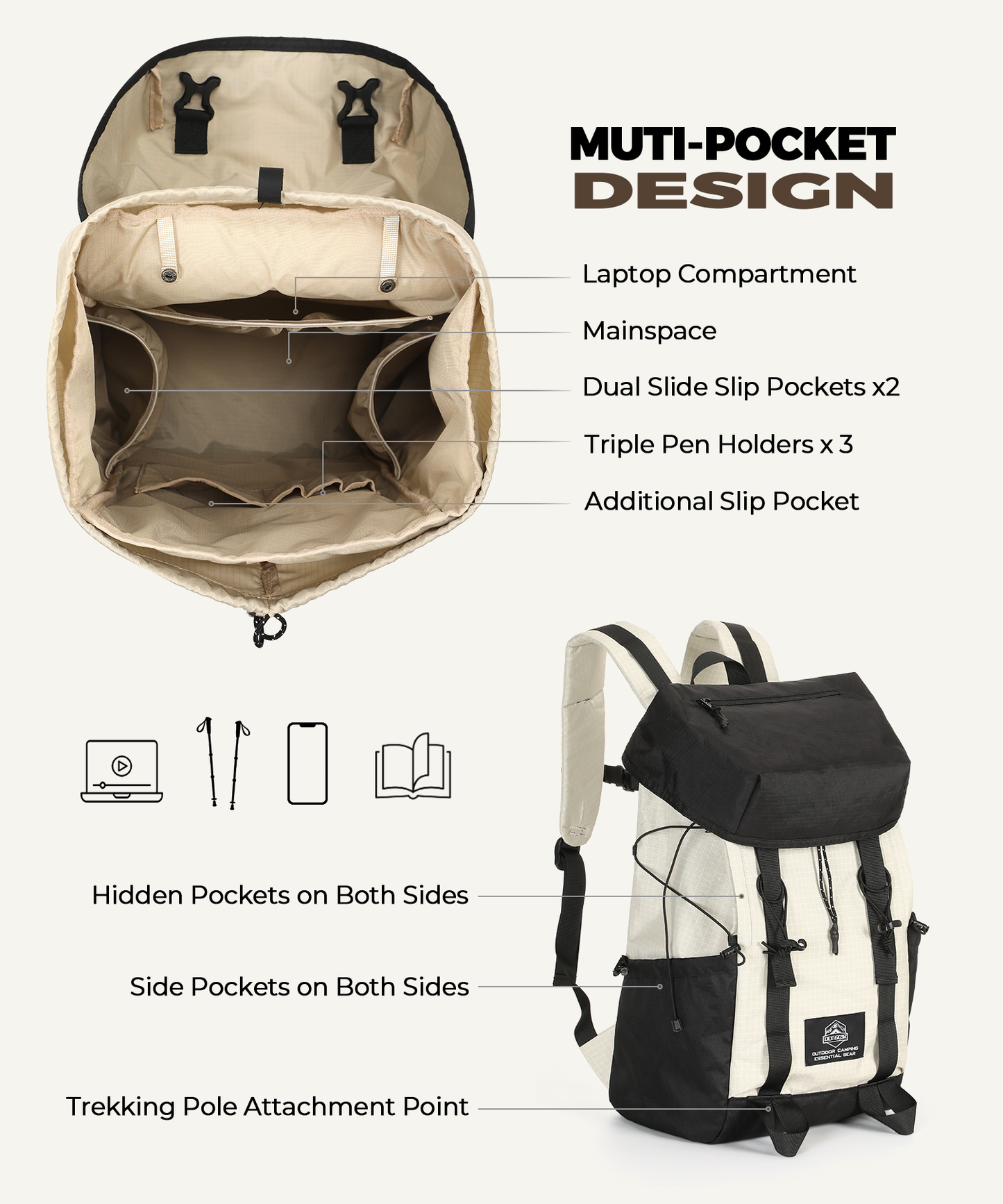 Hiking Backpack Waterproof Mountaineering Backpack with Rain Cover Outdoor Travel Camping Rucksack Lightweight Trekking Daypack for Men Women