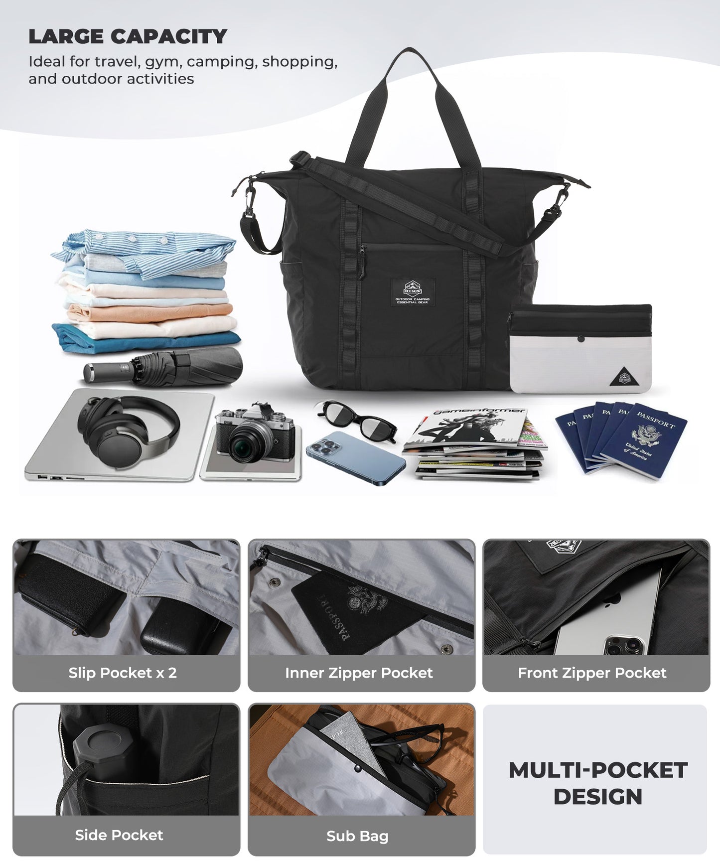 Lightweight Travel Bag for Men&Women Waterproof Overnight Bag With Removable Strap,Luggage Bag with Trolley Sleeve