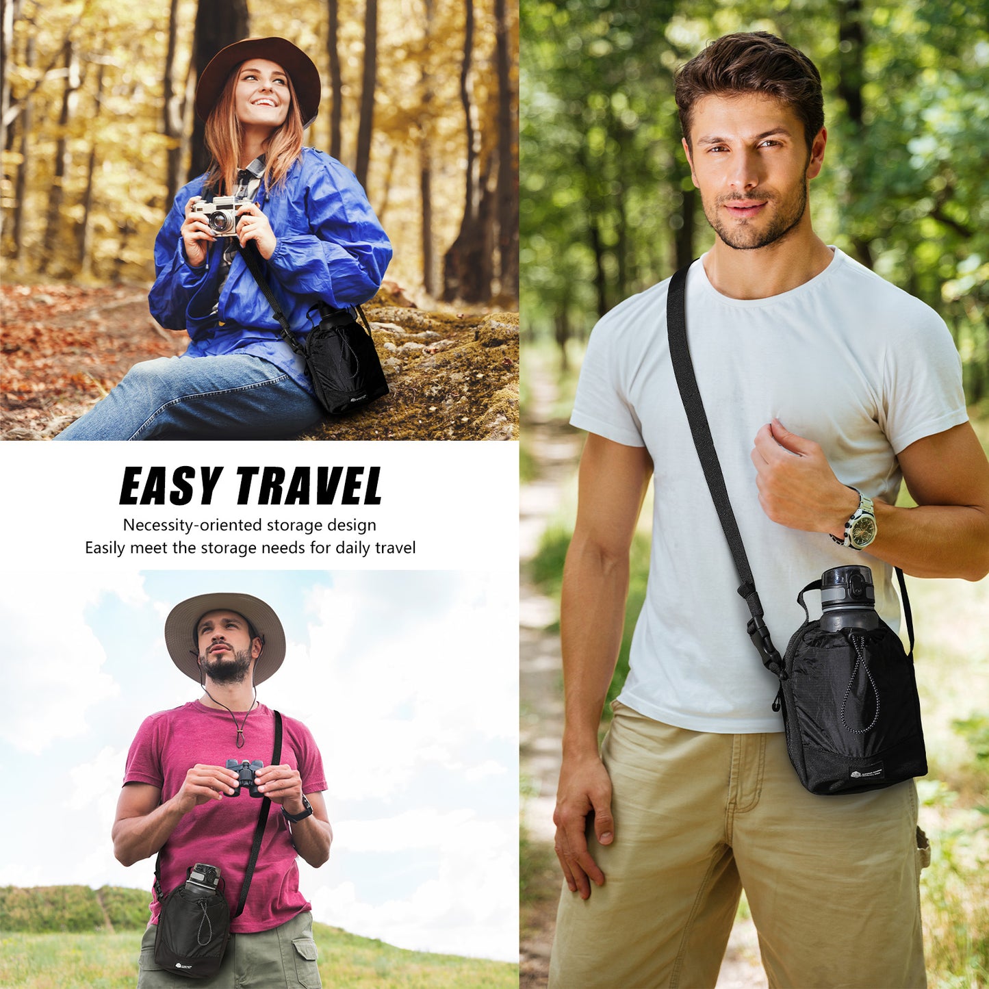 Water Bottle Bag with Strap, Hydration Crossbody Bag Waist Bag with Cell Phone Pocket, Pocket Water Bottle Carrier Bag, Suitable for Hiking,Travel (Bottle Not Included)