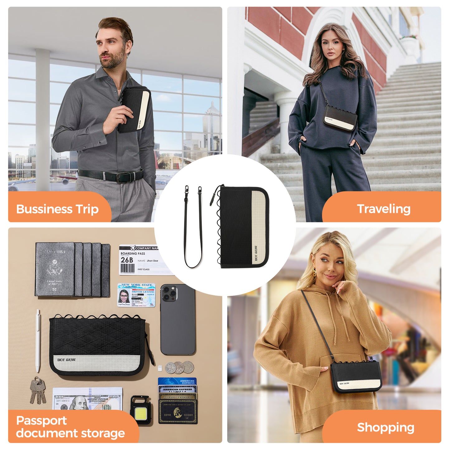 Travel Wallet Passport Holder with Airtag Slot Crossbody Document Organizer with Wrist Strap Lightweight Passport Pouch Portable Card Case with SIM Card Holders and Eject Pin for Women & Men