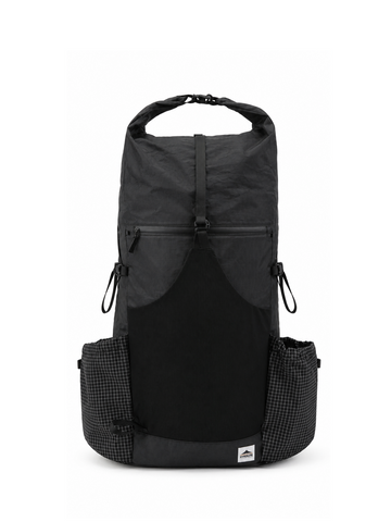 Black 40L DCH ultralight backpack front view with roll-top closure, mesh front pocket, and large side pockets