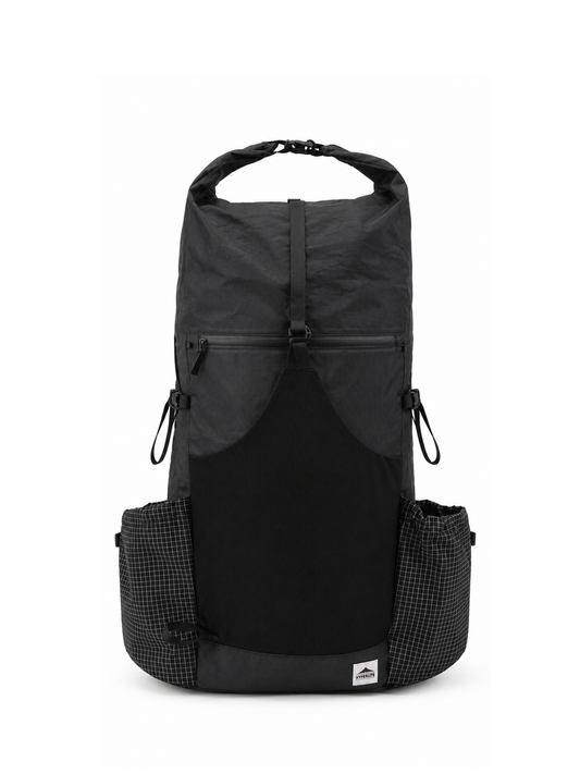 Black 40L DCH ultralight backpack front view with roll-top closure, mesh front pocket, and large side pockets