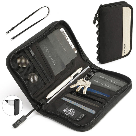 Travel Wallet Passport Holder with Airtag Slot Crossbody Document Organizer with Wrist Strap Lightweight Passport Pouch Portable Card Case with SIM Card Holders and Eject Pin for Women & Men