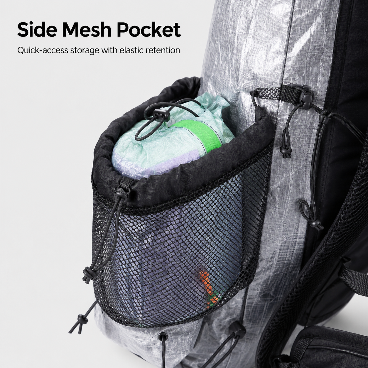 HN2501 roll-top ultralight hiking backpack with external mesh storage