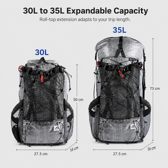 HN2501 Dyneema ultralight hiking backpack external mesh pocket and roll-top closure