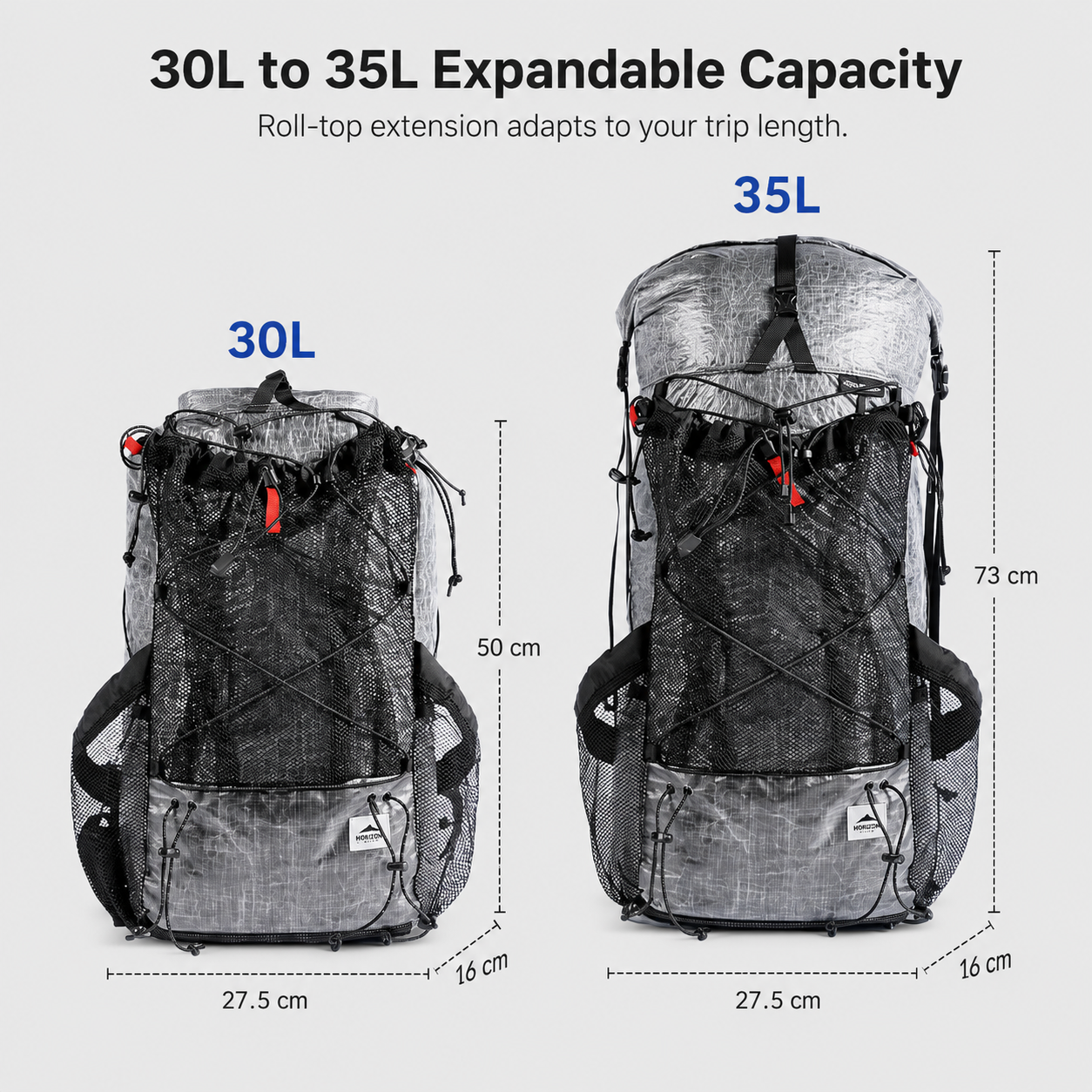 HN2501 Dyneema ultralight hiking backpack external mesh pocket and roll-top closure
