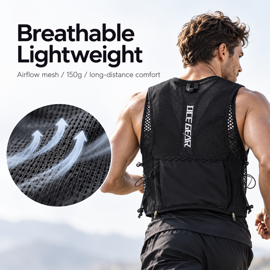 Breathable lightweight mesh construction on OCE GEAR trail running vest