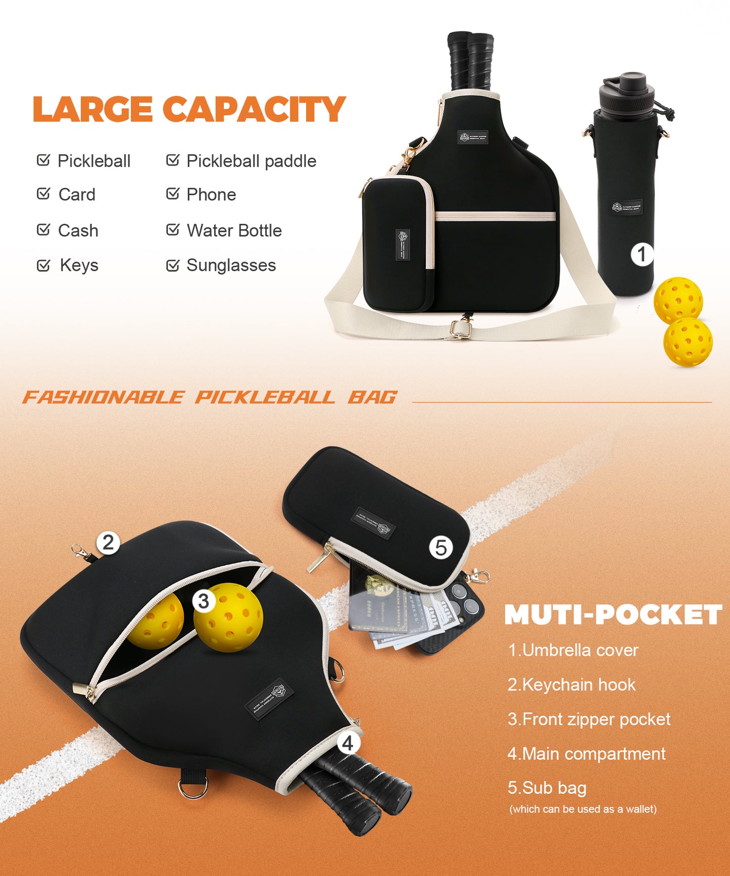 Pickleball Bag Adjustable Sling Bag lightweight Pickle Ball Paddle Bag Equipment - Holds Paddles, Balls, Accessories with Umbrella Cover and wallet for Men and Women