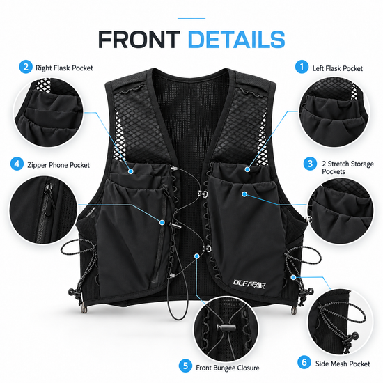 Front pockets zipper bungee and side mesh details on OCE GEAR running vest