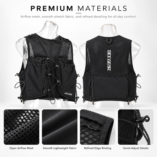 Airflow mesh stretch fabric edge binding and adjustment details on OCE GEAR vest