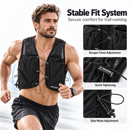 Adjustable bungee chest and side waist fit system on OCE GEAR running vest
