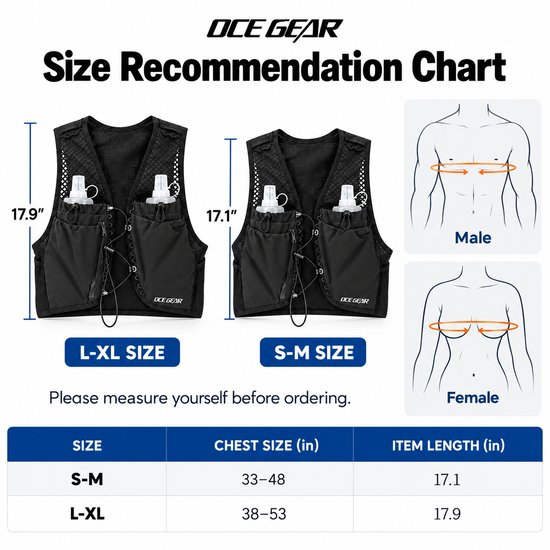 OCE GEAR trail running vest S-M and L-XL size recommendation chart