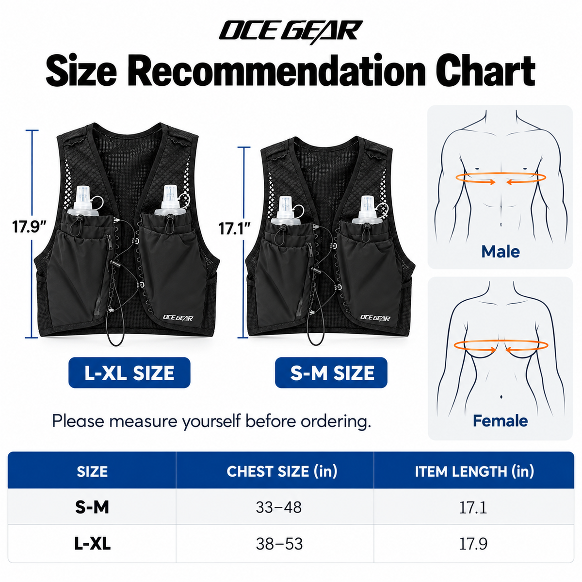 OCE GEAR trail running vest S-M and L-XL size recommendation chart