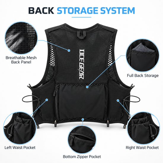 Rear and waist storage zones on OCE GEAR 8L trail running vest