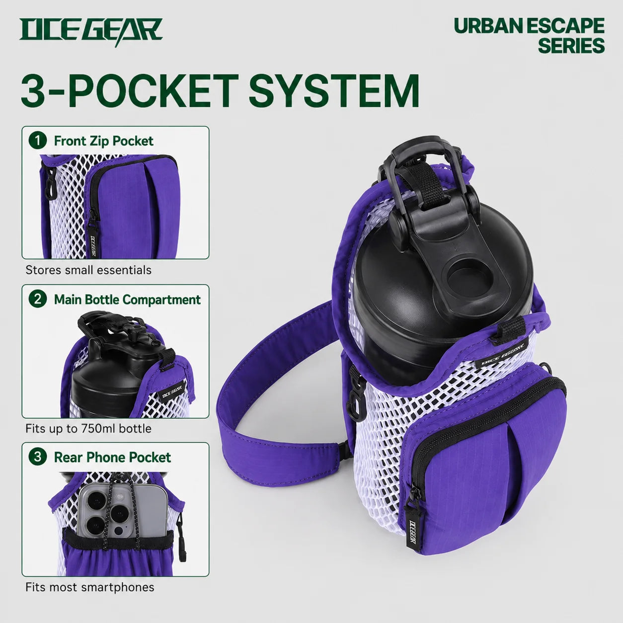750ml water bottle sling bag with front zip pocket