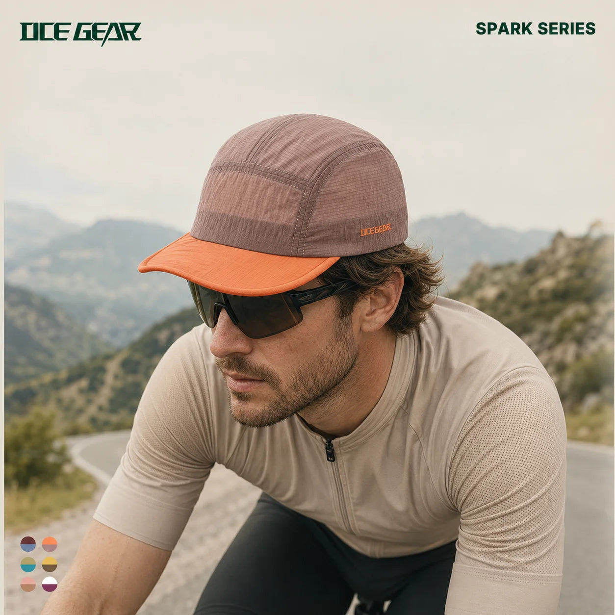 Cyclist wearing OCE GEAR Spark Lightweight Foldable Trail Cap on mountain road