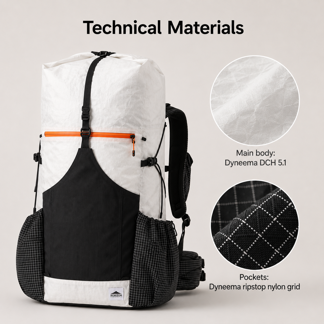 Wide opening main compartment on 40L ultralight backpack