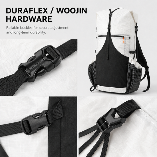 Duraflex and Woojin hardware on ultralight hiking backpack