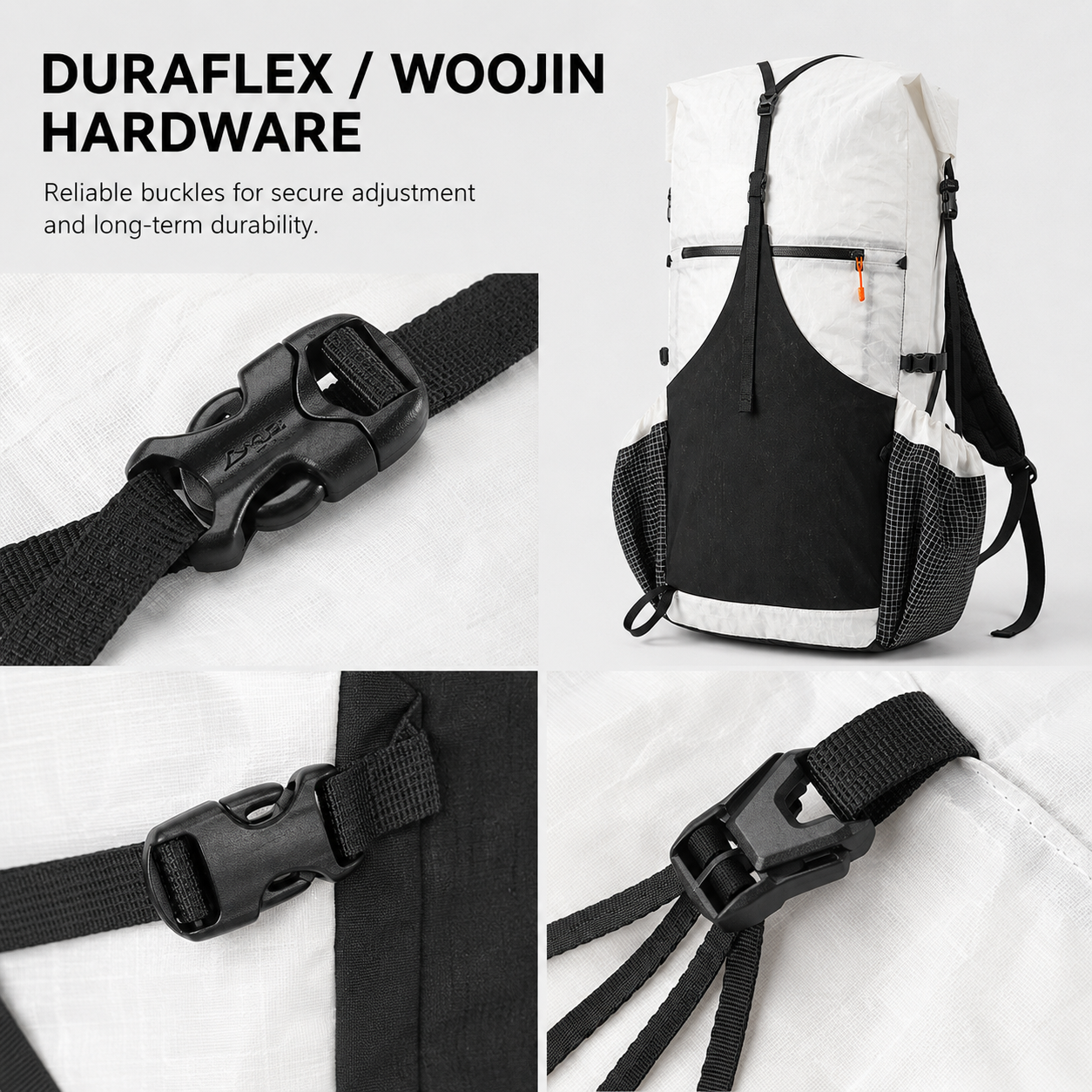 Duraflex and Woojin hardware on ultralight hiking backpack
