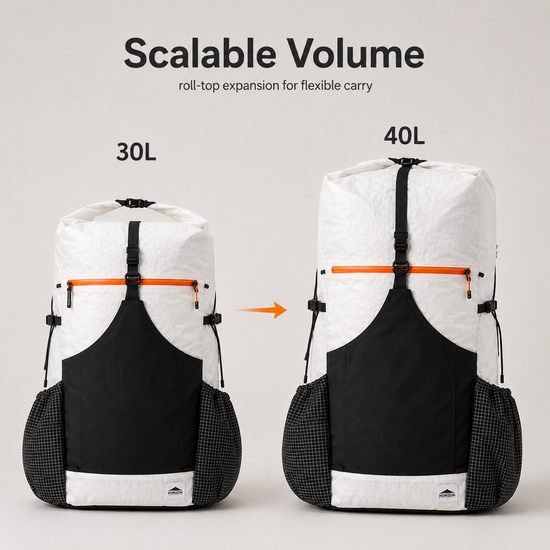 Dyneema DCH 3.2oz white fabric detail on ultralight hiking backpack