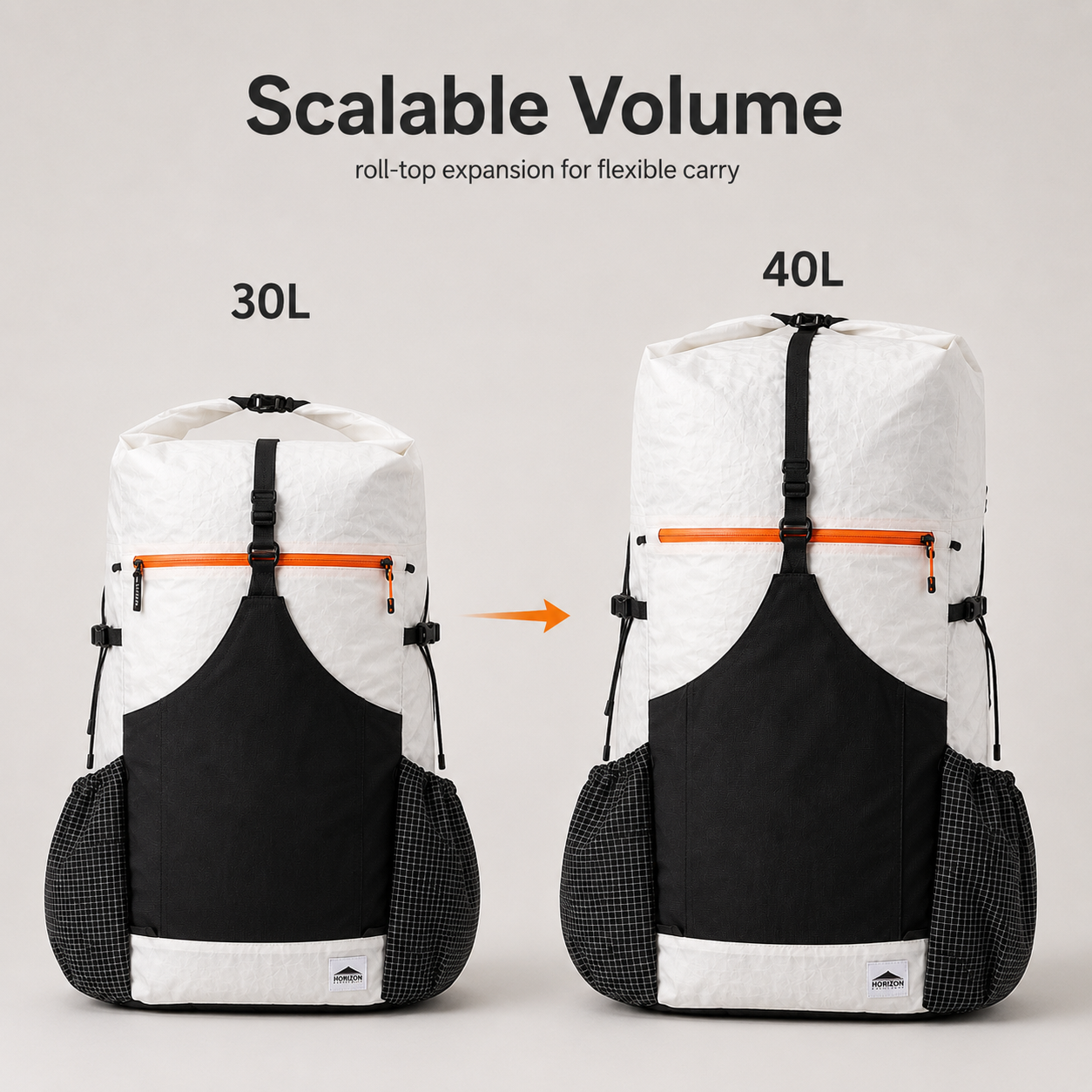 Dyneema DCH 3.2oz white fabric detail on ultralight hiking backpack