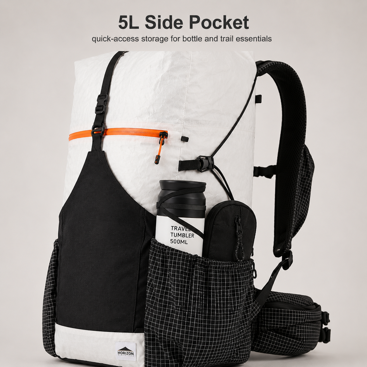 Dyneema ripstop nylon grid side pocket on 40L hiking backpack