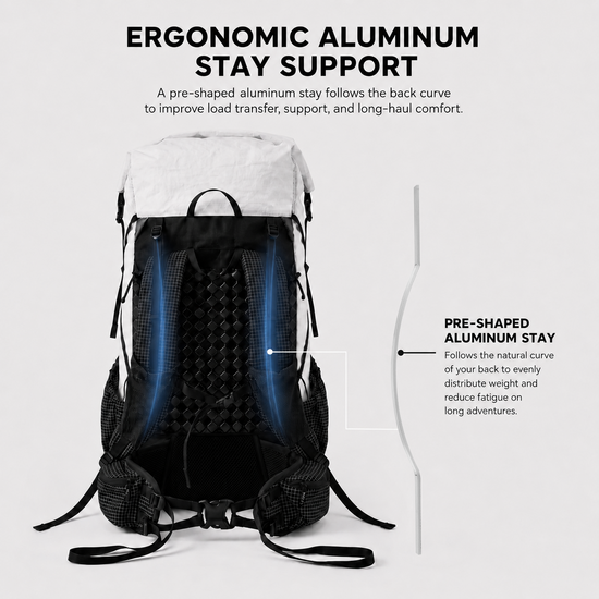 Hiker wearing 40L Dyneema DCH ultralight backpack