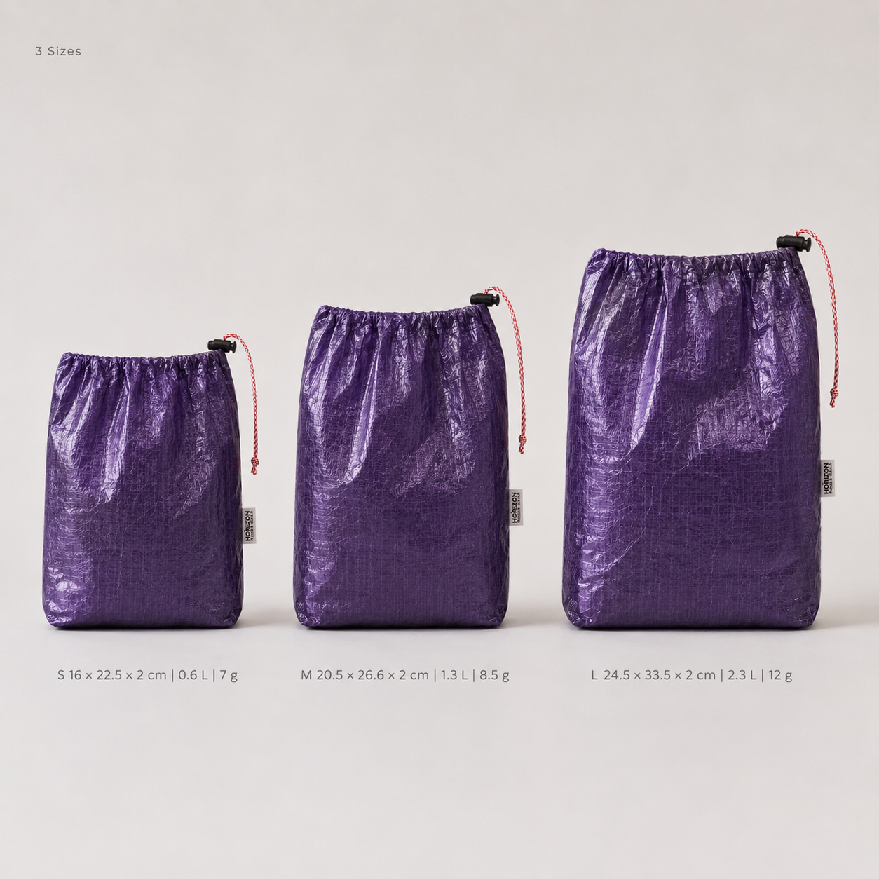 Night Sky Purple Dyneema storage bag size comparison