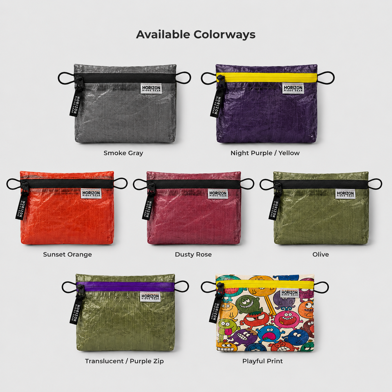 Available colorways for Horizon Ridge Gear Dyneema pouch