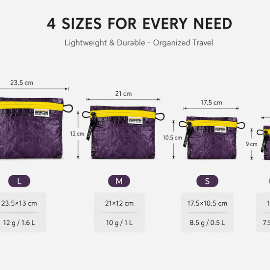 Four sizes available Dyneema zip pouch size chart