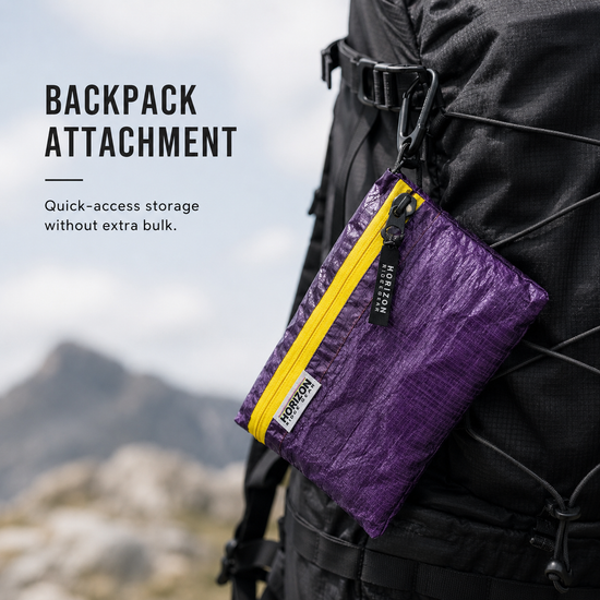Dyneema pouch attached to backpack for quick access