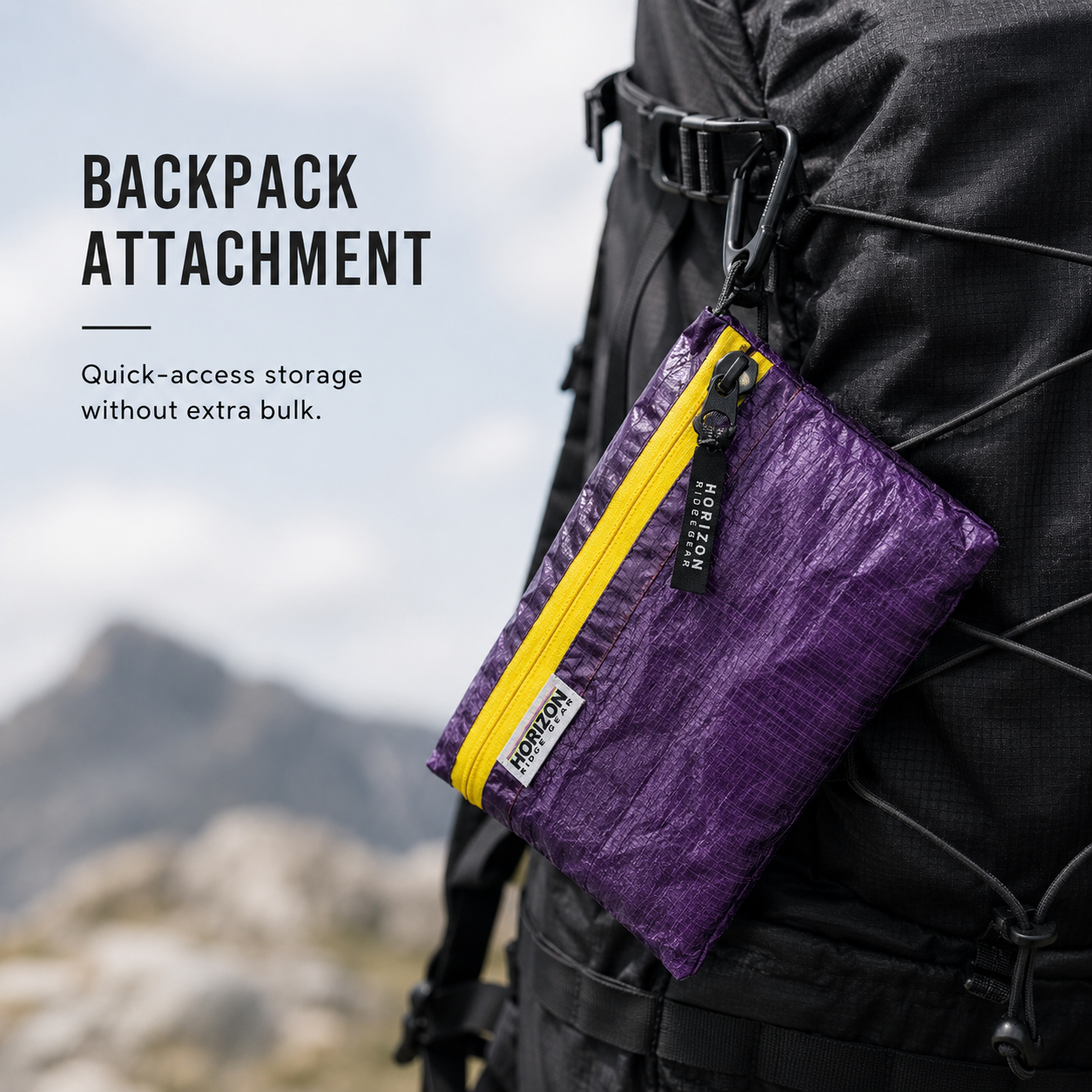 Dyneema pouch attached to backpack for quick access