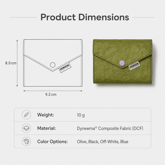 Dyneema DCH card wallet dimensions 9.2 by 8.0 cm and 10 g weight