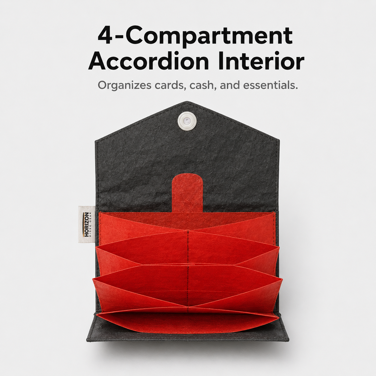 Four compartment accordion interior for cards cash and coins