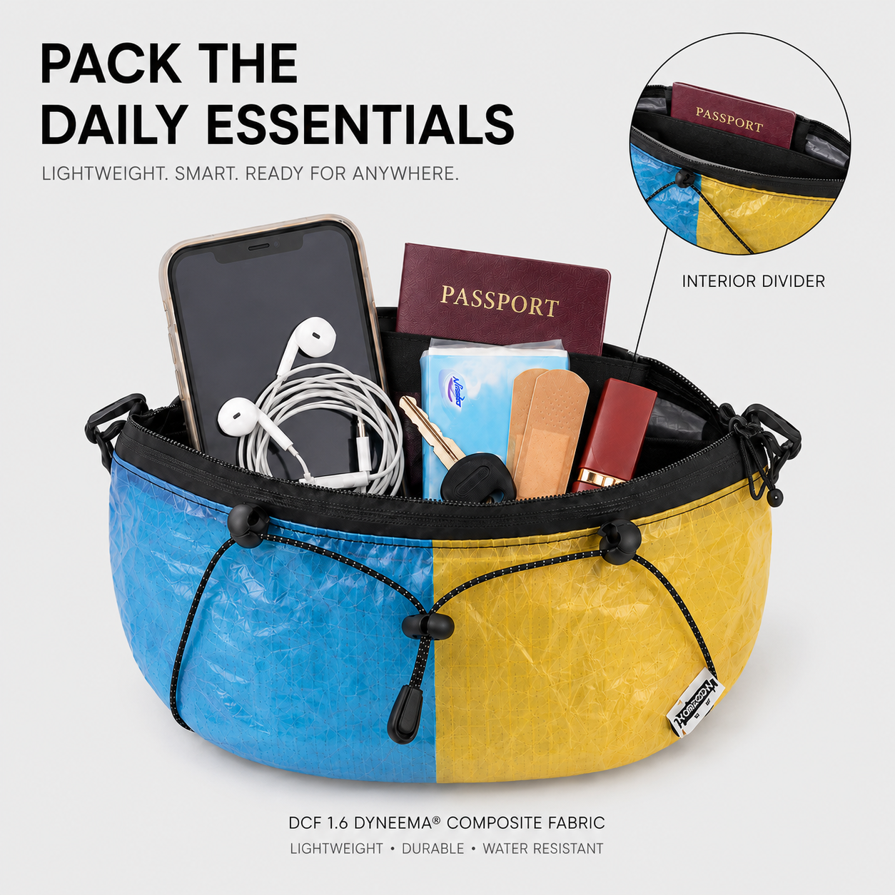 Dyneema DCF 1.6 sling bag internal divider for phone passport keys and essentials