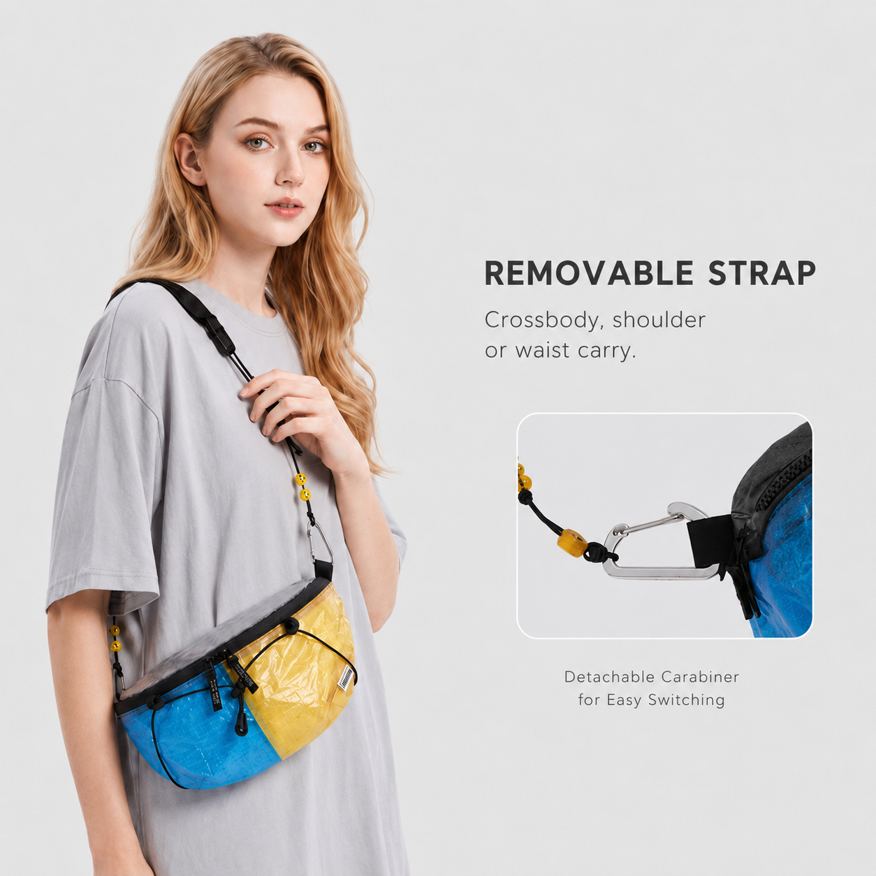 Removable strap on Dyneema DCF 1.6 crossbody waist pack for shoulder and waist carry