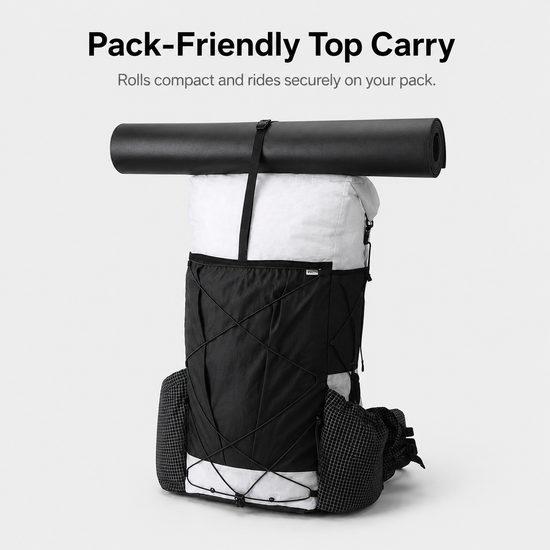 Backpack with rolled IXPE foam pad attached on top