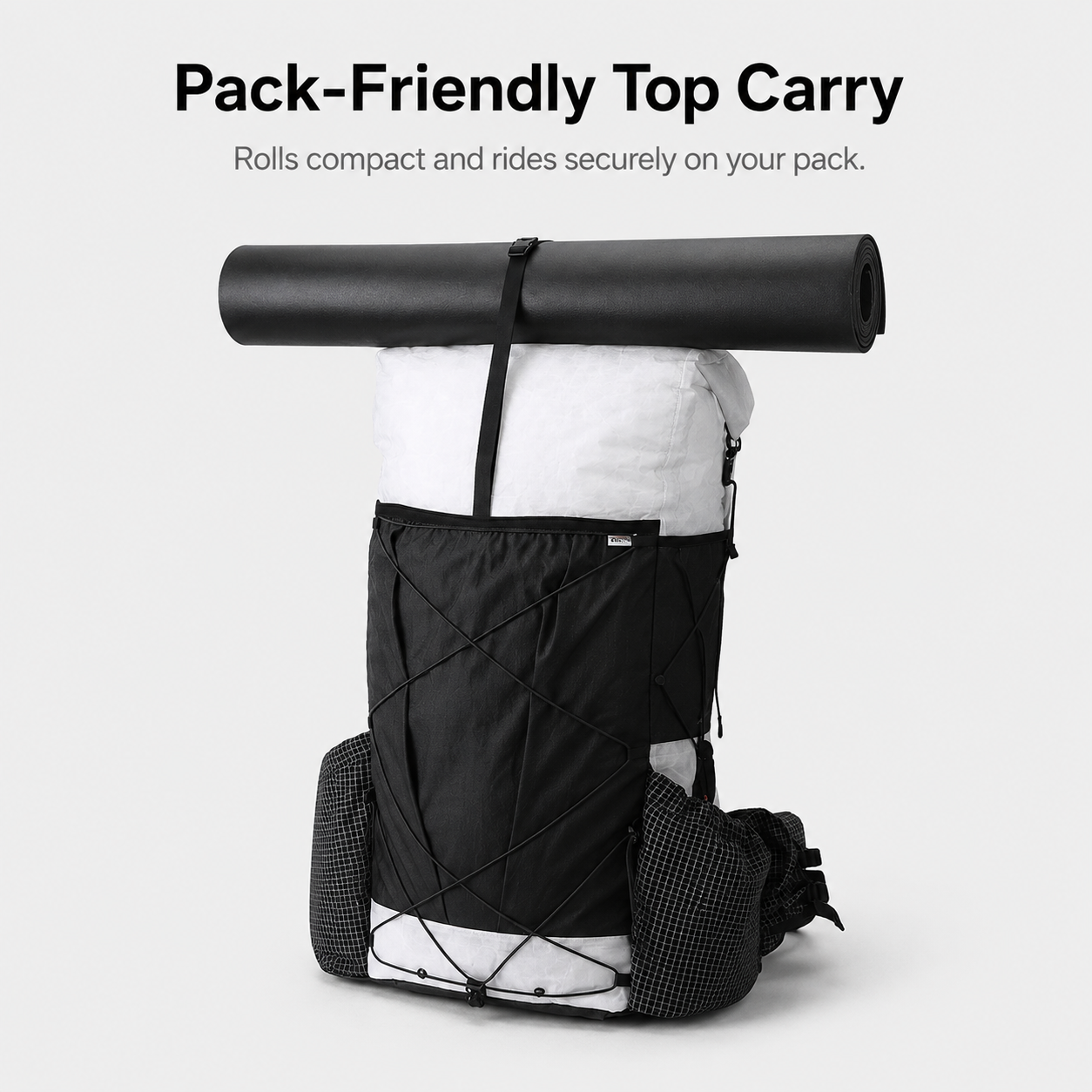 Backpack with rolled IXPE foam pad attached on top