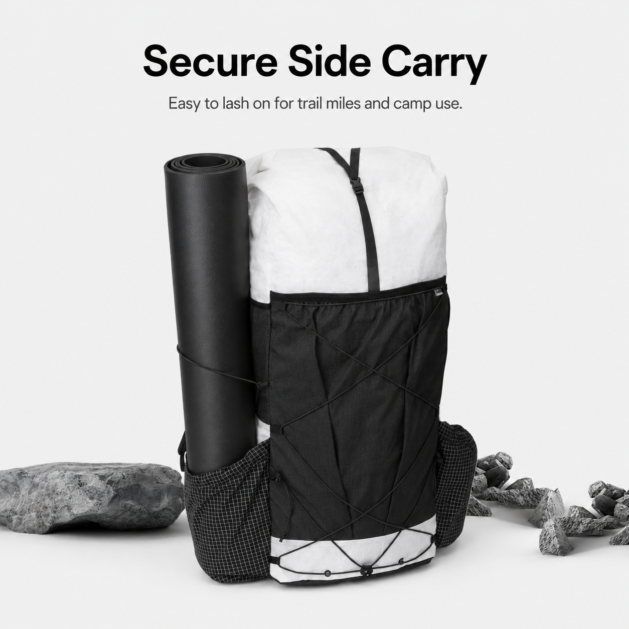 Secure side carry black foam ground pad on backpack