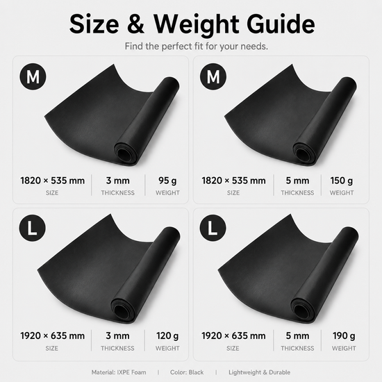 IXPE foam mat size and weight guide M L 3mm 5mm