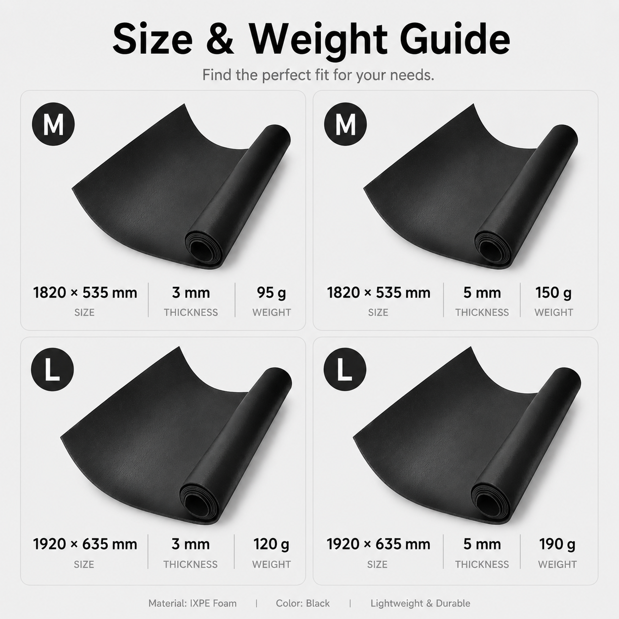 IXPE foam mat size and weight guide M L 3mm 5mm