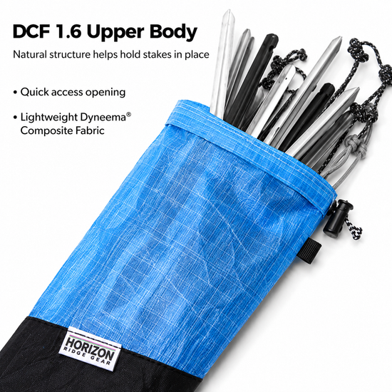 Horizon Ridge Gear ultralight stake bag holding aluminum tent stakes